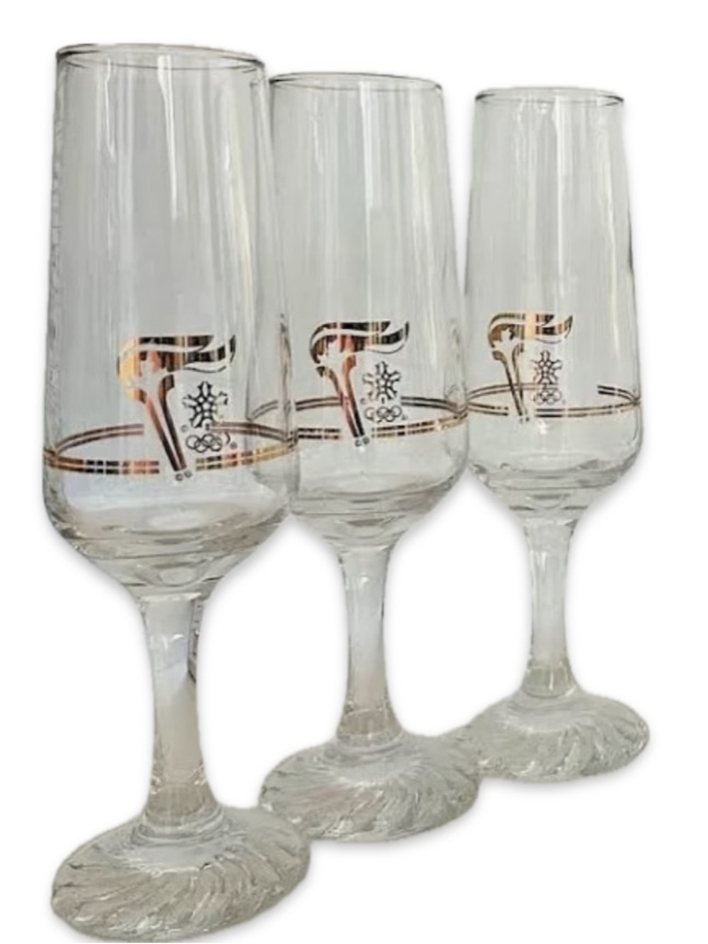 Set of 3 22k Gold Rim/Print 1988 Canada Olympic Torch Champaign Flutes 8” High